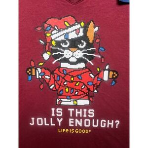 Life Is Good Long Sleeve V Neck T Shirt Cat Christmas Lights Jolly Enough Size L